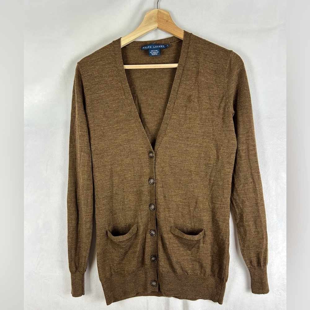 RALPH LAUREN Blue‎ Label Merino Knit Cardigan Brown Small Preppy Academic Fall